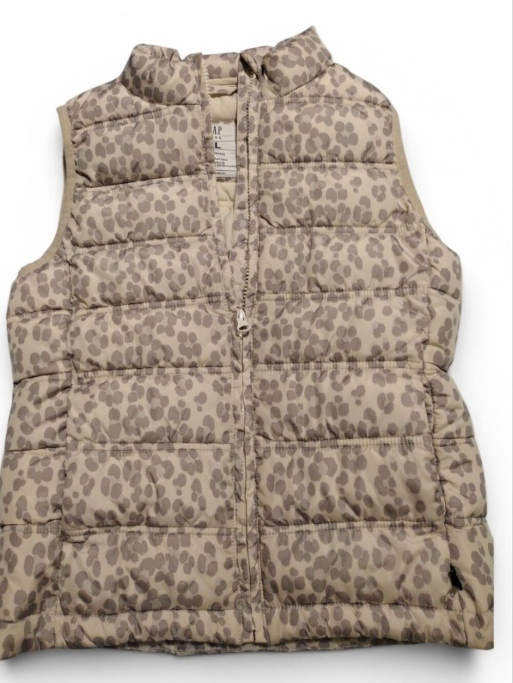 Quilted Sleeveless Puffer Vest in Taupe Leopard Print